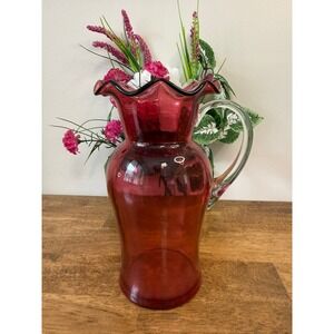 Vintage Cranberry Glass Ruffled Pitcher Clear Handle Hand Blown Art Glass